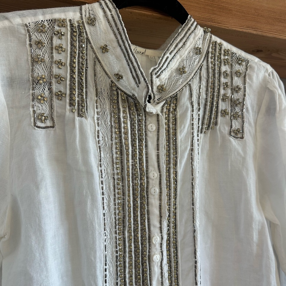 Floreat x Anthropologie Embellished Linen-Blend Button-Up Shirt – Size 10